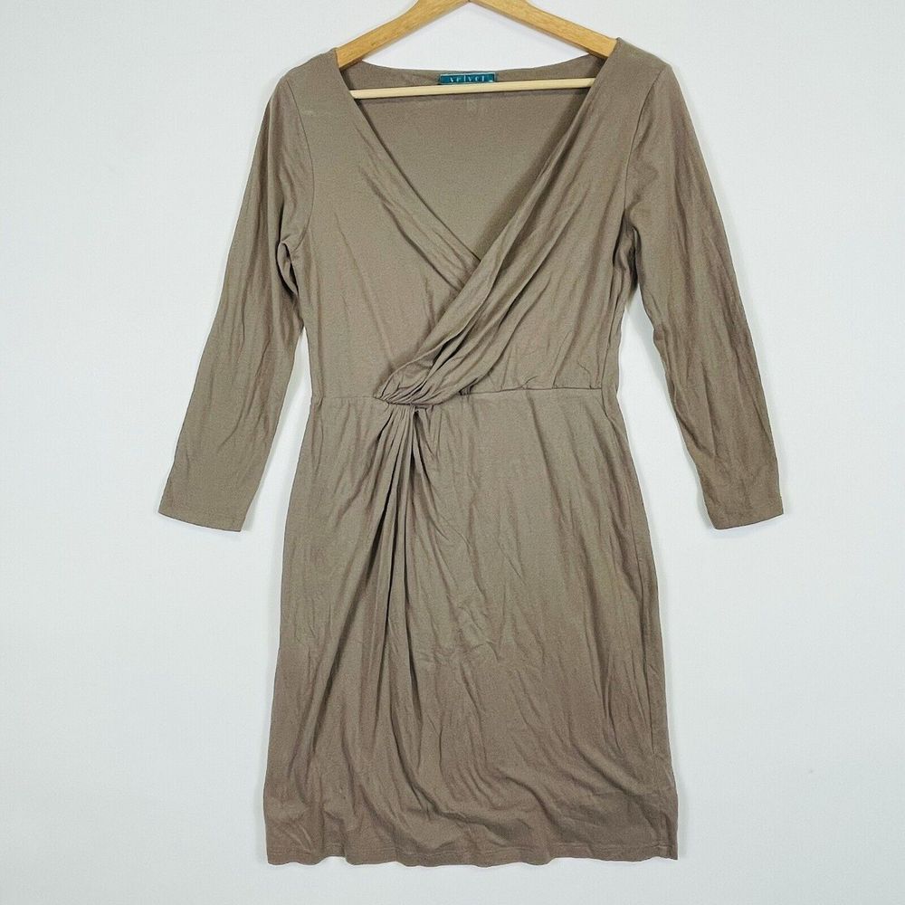 Velvet Brand Dress Womens Large Tan Knit Wrap Front Pullover Understated Minimal